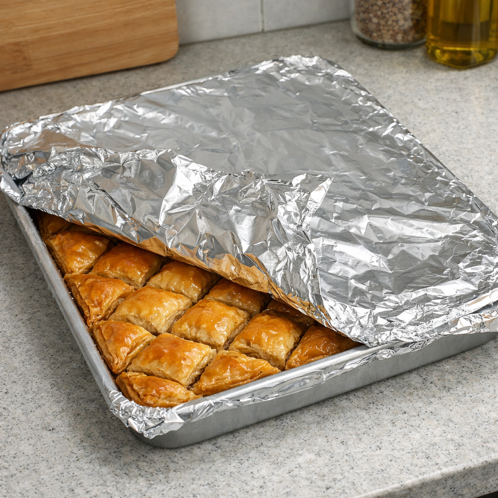 Folyo ile ortulmus baklava tepsisi saklama