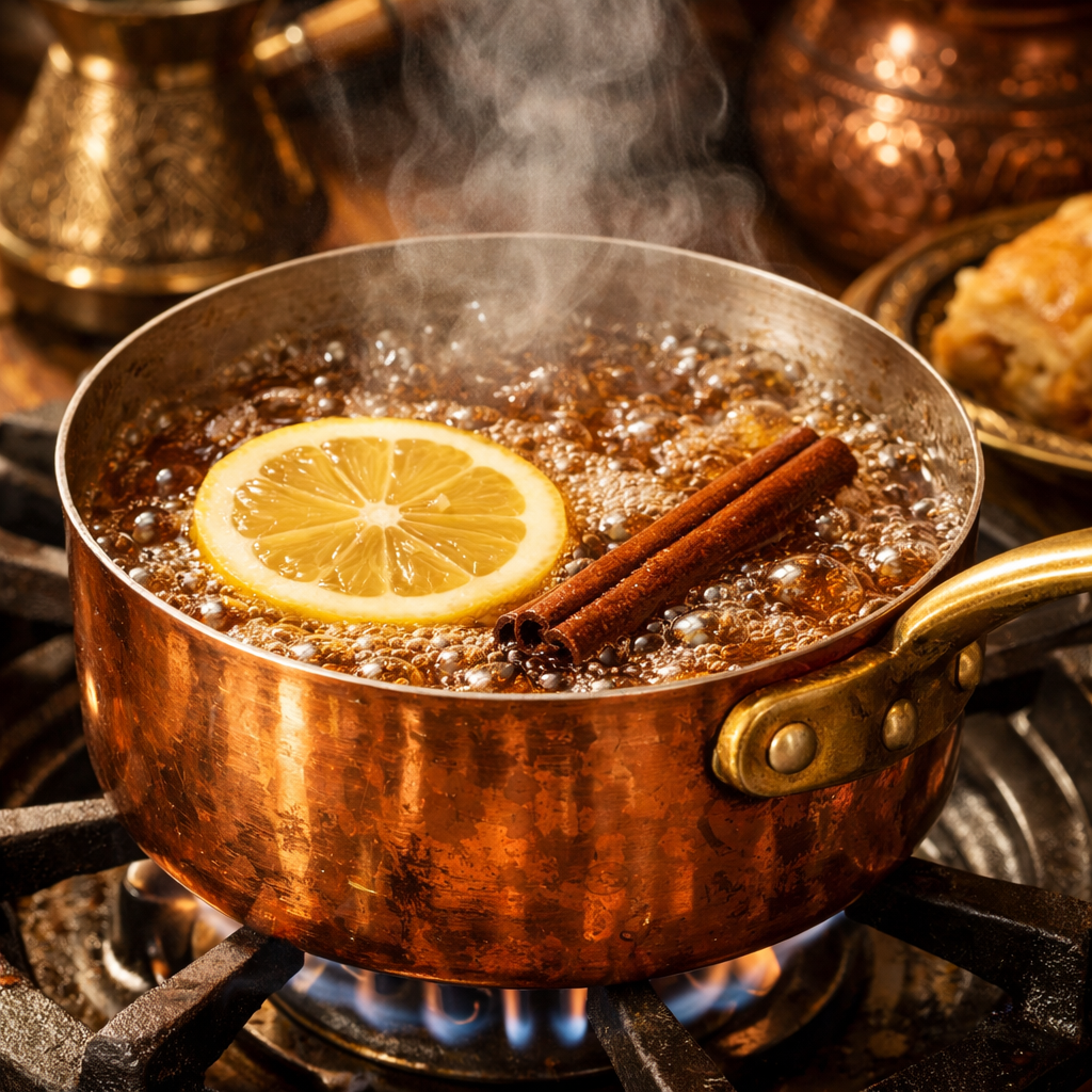 Bakir tencerede kaynayan baklava serbeti