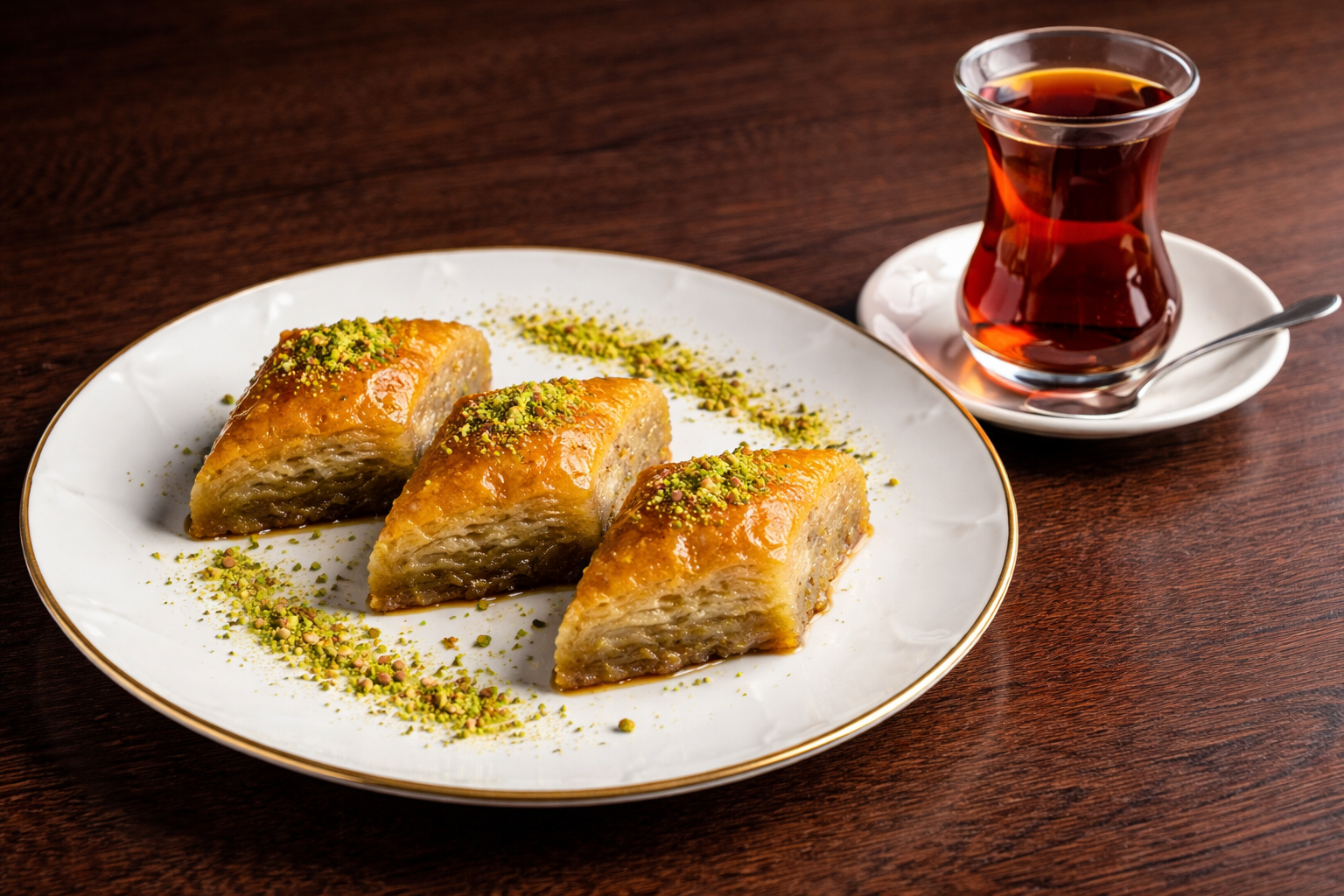 Tabakta porsiyonlanmis baklava dilimleri ve yaninda cay