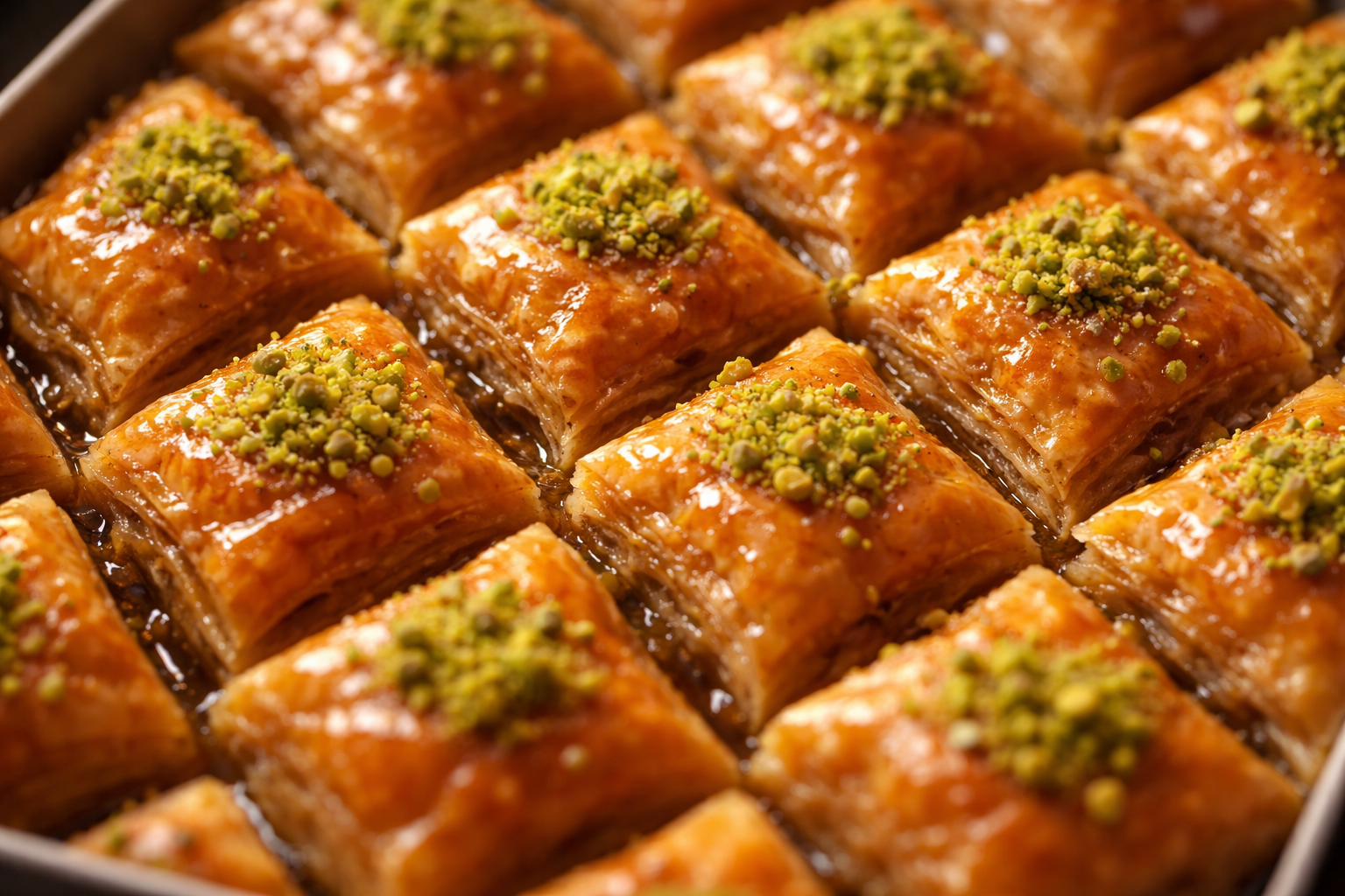Altin rengi baklava dilimlerinin yakindan gorunumu