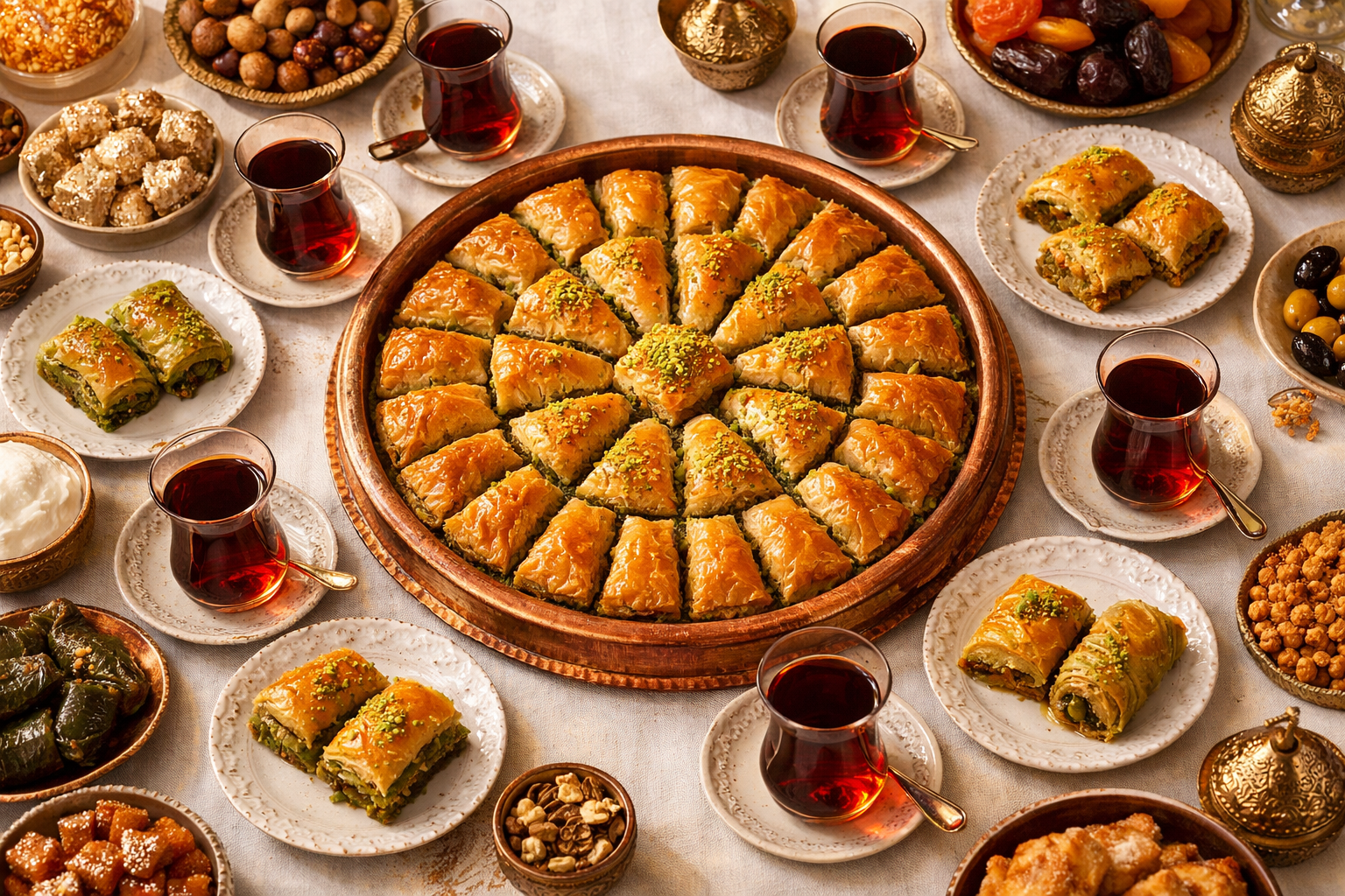 Bayram sofrasi uzerinde baklava tepsisi ve cay bardaklari